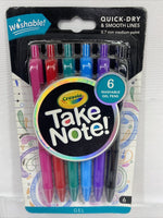 Crayola Take Note Washable Gel Pens 6 Pens Quick Dry 0.7mm Medium Point