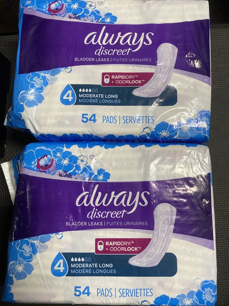 (2) Always Discreet Incontinence Pads Women Moderate Absorbent LONG Length 54ct