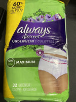 Always Discreet Incontinence & Postpartum Underwear for Women Maximum S/M 32CT