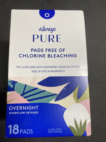Always Pure Pads FREE of Chlorine Bleaching Overnight Heavy Flow Defense 18 Ct
