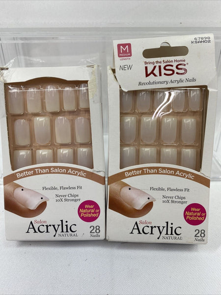 (2) KISS 28 Glue & Press Salon Acrylic Nails Natural Medium Length KSAN02 #67898