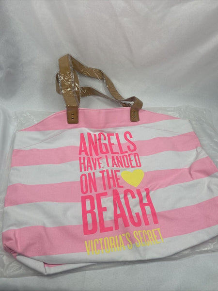 New Victoria’s Secret Pink White Stripe Angels Landed Beach Bag Tote Gym