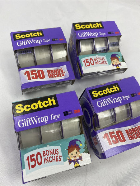 (4) 3pk Scotch Gift Wrap Tape 3/4” x 350” total 12 Rolls dispenser Magic Cut
