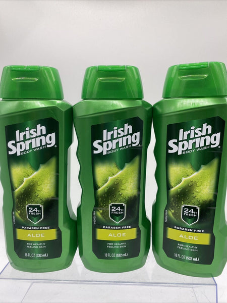 (3) Irish Spring Aloe Men's Moisturizing Body Wash 24HR Fresh Shower Gel 18 OZ