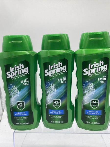 (3) Irish Spring Active Refresh Men’s Epsom Salt Body Wash  Shower Gel 18 OZ