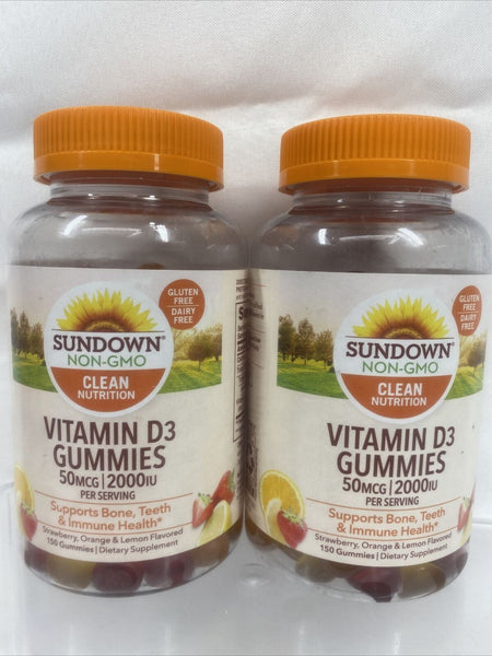 (2) Sundown Vitamin D3 Gummies 150 ct 50 mcg 2000 IU serving Non-GMO 7/22