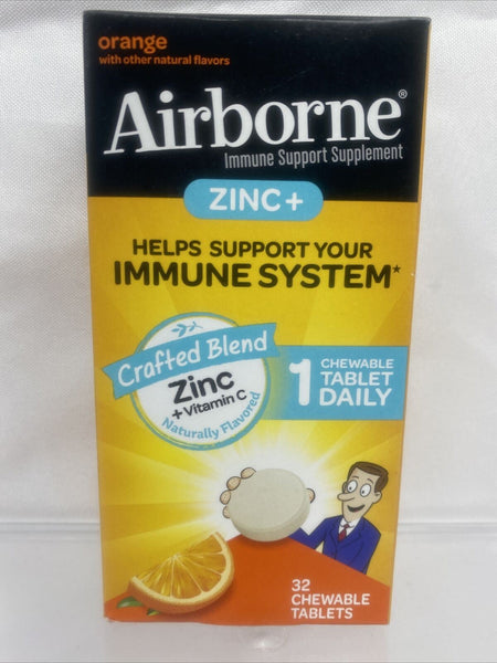 Airborne Immune Support Supplement + Zinc - 32 Orange Chewable Tablets 11/2022