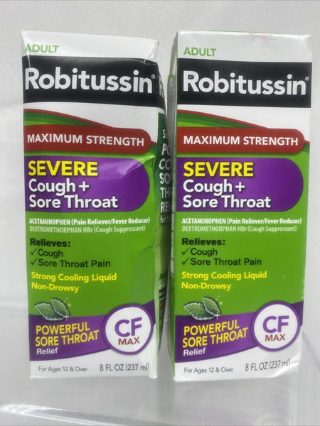 (2) Robitussin Adult Maximum Strength Severe Cough + Sore Throat Relief 8oz 5/23
