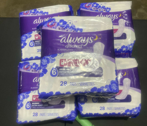 (5) Always Discreet Incontinence Pads #6 Extra Heavy Long 28 count ea 140ttl