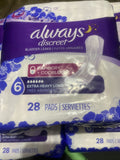 (5) Always Discreet Incontinence Pads #6 Extra Heavy Long 28 count ea 140ttl