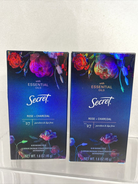 (2) Secret Antiperspirant Deodorant Pure Essential Oils Rose Charcoal 9/21