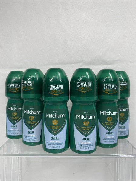 (6) ROLL-ON Mitchum Men Antiperspirant / Deodorant UNSCENTED GEL 3.4oz