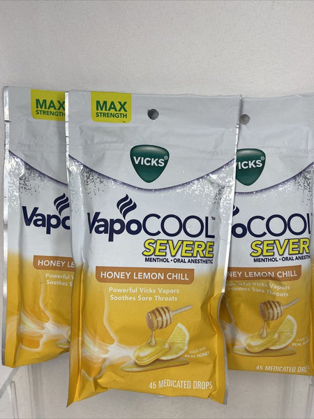 (3) Vicks VapoCool Severe Menthol Honey Lemon Chill 45 Medicated Cough Drop 7/22