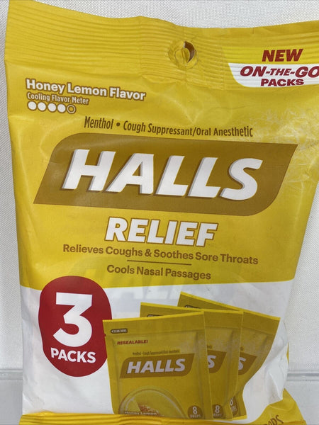 HALLS Relief Honey Lemon Flavor Cough Drops 3 On-the-Go Packs 24 ct 2/22