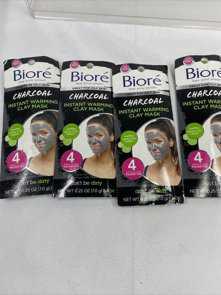 (4) Bioré Self Heating One Minute Mask Instant Clay ￼Charcoal 4 Masks Each