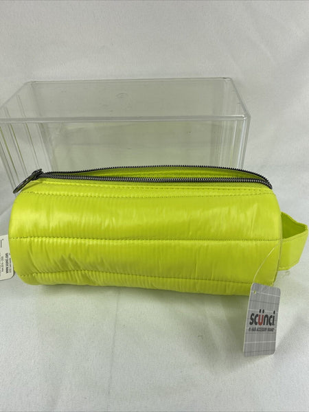 scunci Accessory Bag Round Quilted Neon Yellow Green Lime Zippered Handle Makeup