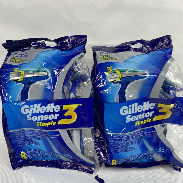 (2) Gillette Sensor 3 Simple Men's Disposable Razors 8 Count Each Ultragrip Lubr