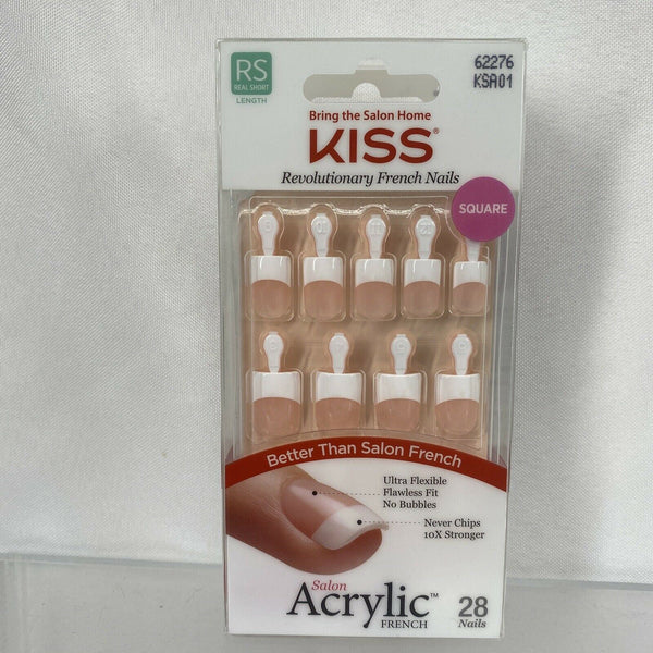 Kiss Acrylic SQUARE #62276 French Tip Real Short Glue On Nails KSA01