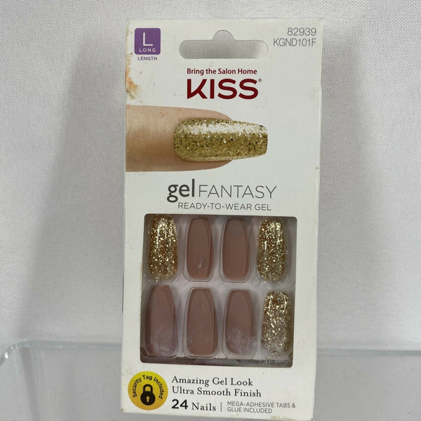 #82939 Kiss Gel Fantasy Press-On Long Nails KGND101G pearl pink & Gold glitter