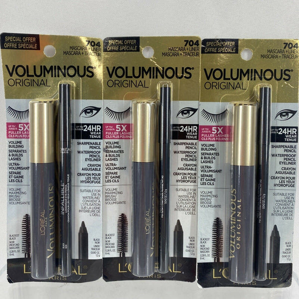 (2) 704 Blackest Black L'OREAL Voluminous Original  Mascara + Waterproof Liner