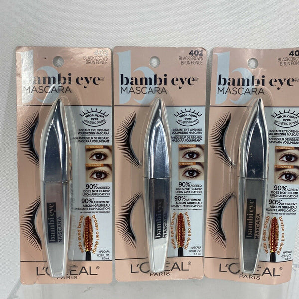 (3) L'oreal 402 Black Brown Bambi Doe Eye Opening Volumizing Mascara Washable