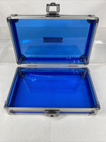 Vaultz Hard Carrying Case MakeUp Case Train Silver Blue Art Supply 8.5x5x2.5”