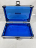 Vaultz Hard Carrying Case MakeUp Case Train Silver Blue Art Supply 8.5x5x2.5”