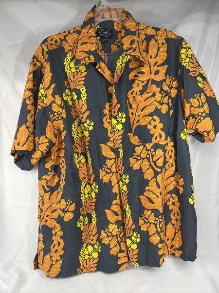 Sonoma Large Polyester Men’s Hawaiian Orange Gray Yellow Pocket Button Shirt￼