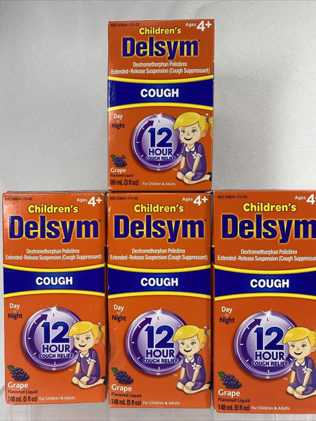 (4) Children’s Delsym Cough Liquid 12hr Day Night Relief Grape 3-5oz 9/22+