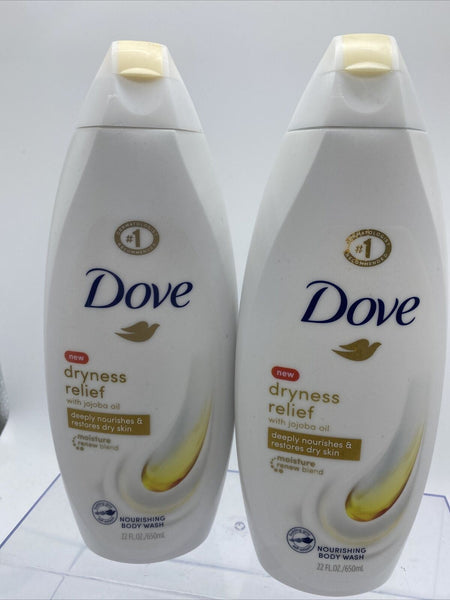 (2) Dove BODY WASH Dryness Relief w JoJoba Oil 22 oz ea Restores Dry Nour