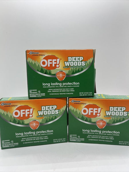 (3) OFF! DEEP WOODS Insect Repellent Long Lasting Wipes 12 Count Towelettes
