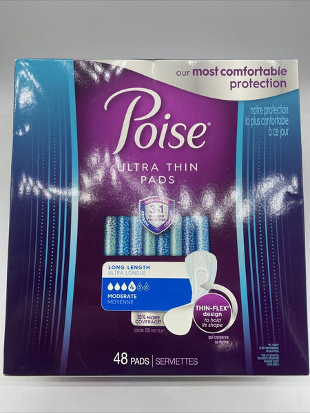 Poise Ultra Thin Incontinence Pads Long Length Moderate Absorbency 48 Total Lot