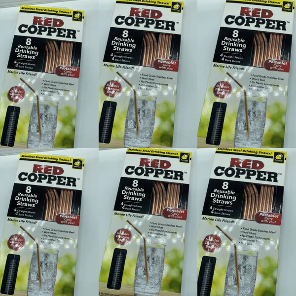 (6) Red Copper Straws — Reusable Stainless Steel Straws Set of 8 Reusable Straws