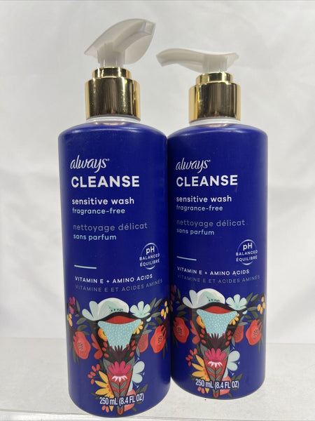 (2) Always Cleanse Refreshing Wash Frag Free 8.4 oz Vitamin E Feminine Wash