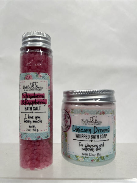 (2) Bella & Bear Unicorn Dreams Whipped Soap & Raspberry￼ Salt Bath Gift Set