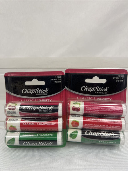 (2) Chap Stick 3 Sticks Each Classic Variety Cherry Strawberry Spearmint