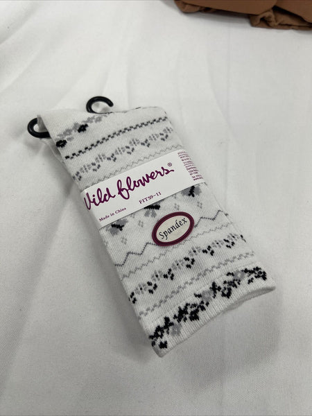 Wild Flowers 9-11sz LADIES One SIZE White Grey Print Trouser CREW SOCKS 617AP