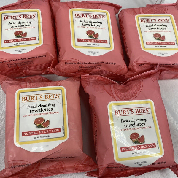 (5) Burt's Bees Facial Towelettes Normal - Oily Face Pink Grapefruit 30ct 150ttl