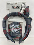 scünci 2 pcs Matching Mask & Set Red Grey Plaid Knotted Headband School Girl