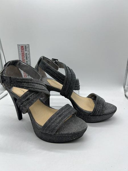 9 M Gianni Bini Silver Glitter Strap Sandal 4” High Heel Open Toe Platform Sling