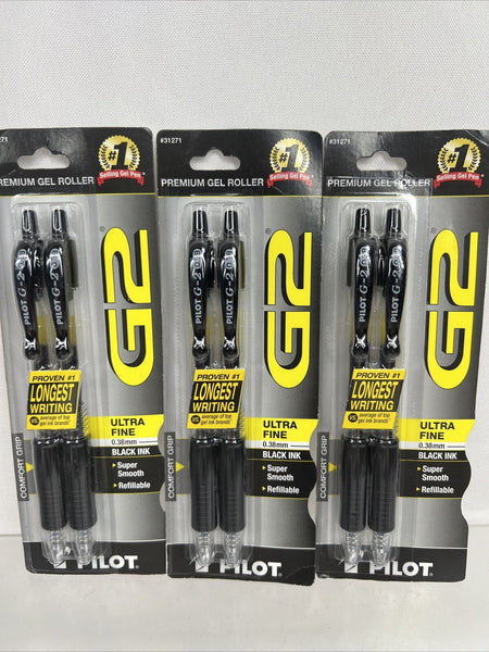 (3) PILOT BLACK G2 Premium Gel Roller Ball Pen Ultra Fine Point Ink 0.38mm 2pk