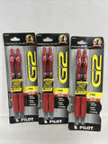 (3) PILOT RED G2 Premium Gel Roller Ball Pen Fine Point Ink 0.7mm 2pk