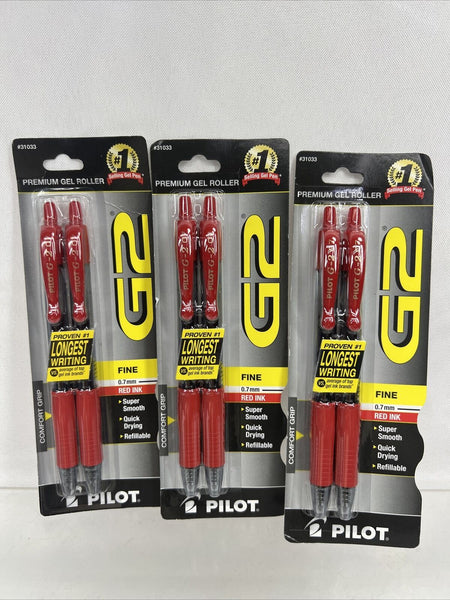 (3) PILOT RED G2 Premium Gel Roller Ball Pen Fine Point Ink 0.7mm 2pk