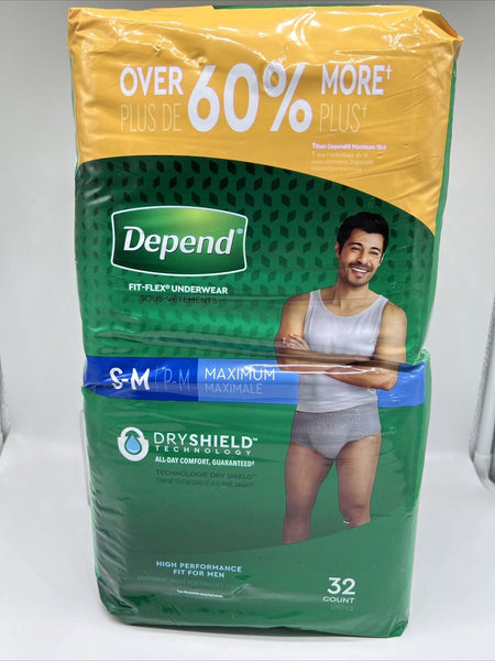 Depend Fit-Flex Underwear for Men 32 Count S-M Maximum Small Medium P-M Night