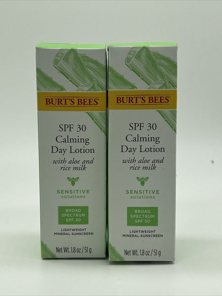 (2) Burt's Bees Calming Day Lotion SPF 30 Sensitive Aloe Rice Milk 1.8 Oz 2/24+