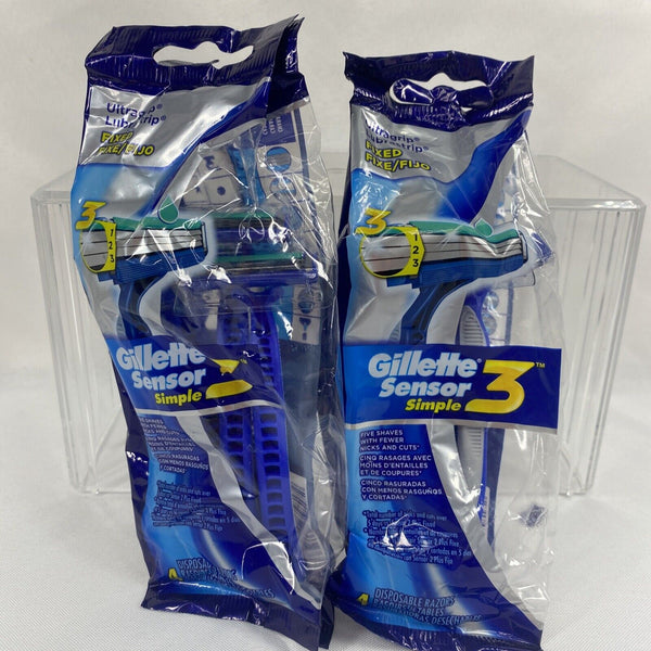 (2) Gillette Sensor 3 Simple Men's Disposable Razors 4 Count Each Ultragrip fres