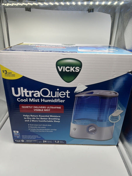 Vicks UltraQuiet Cool Mist Humidifier 1.2Gal Med/Lg Room 24Hrs Cold Flu V5100NS