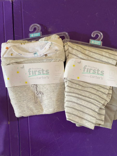 (2) Carter's Precious Firsts Short Sleeve Body Suits & Pants Gray Zoo 6 mo 2 Set