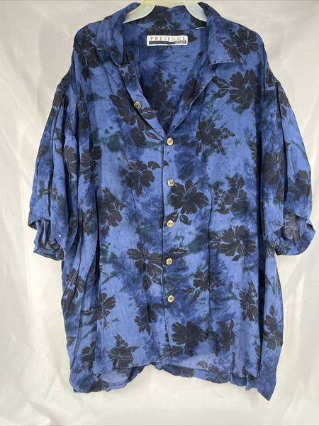 Hawaiian Blue & Black  Presence Large Polyester Men’s Floral  Soft Button Shirt￼