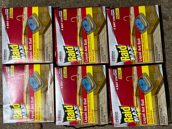 (6) Raid Max Liquid Ant Bait Kills Ants easy open & set! 4 Bait Stations perpack